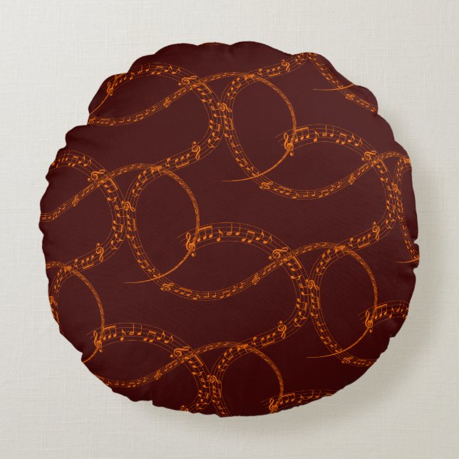 Orange Gold on Burgundy Music Note Pattern  Round Pillow (Front)