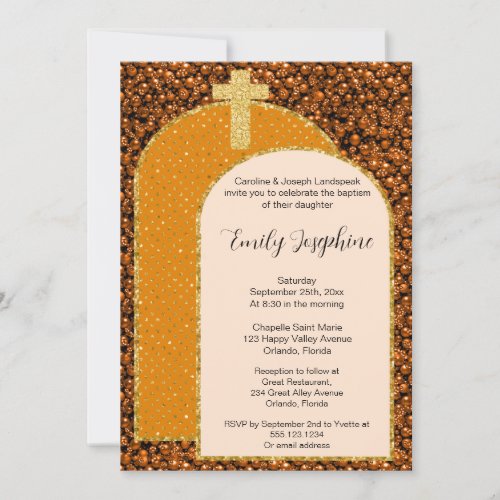 Orange Gold Pebbles Glitter Arch with Cross Invitation