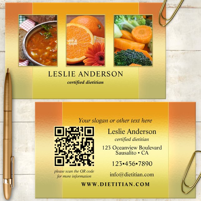 Orange Gold Photos Dietitian Nutritionist QR Code Business Card (Portfolio photo business card showing an orange gold design - nice for a dietitian or nutritionist)