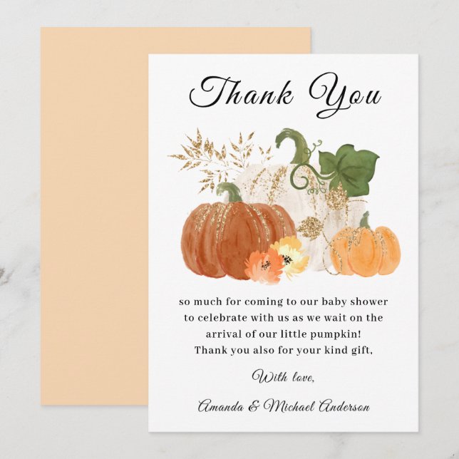 Orange Gold Pumpkins Fall Halloween Baby Shower Thank You Card (Front/Back)