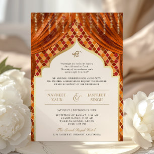 Orange Gold Quatrefoil QR Code Sikh Wedding Invitation
