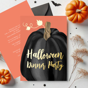 Orange Gold Script Pumpkin Halloween Dinner Party Foil Invitation