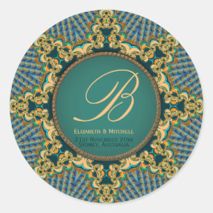 Orange Gold Teal Brocade Lace Circle Monogram Classic Round Sticker