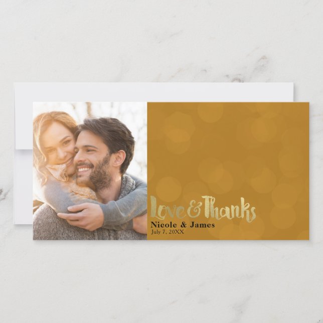 Orange Gold Wedding Photo Love & Thanks Thank You Card (Front)