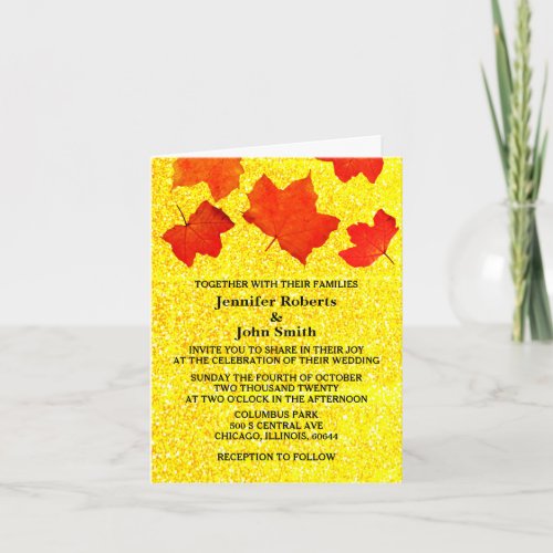 Orange Gold Yellow Glitter Fall Leaves Wedding Invitation