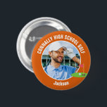 Orange Golfer Photo High School Golf Team Button<br><div class="desc">This cool customized high school golf team photo gift features white typography of your golfer name on an orange button with a cute golfing icon. Personalize with your student's photograph and class year as a proud sports parent. A mom and dad can wear these buttons to sports games.</div>
