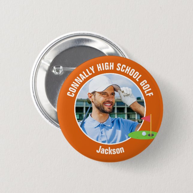 Orange Golfer Photo High School Golf Team Button (Front & Back)