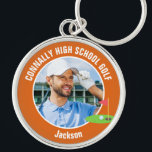 Orange Golfer Photo High School Golf Team Keychain<br><div class="desc">This cool customized high school golf team photo gift features white typography of your golfer name on an orange keychain with a cute golfing icon. Personalize with your student's photograph and class year for a commemorative keepsake gift.</div>
