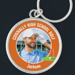 Orange Golfer Photo High School Golf Team Keychain<br><div class="desc">This cool customized high school golf team photo gift features white typography of your golfer name on an orange keychain with a cute golfing icon. Personalize with your student's photograph and class year for a commemorative keepsake gift.</div>
