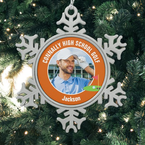 Orange Golfer Photo High School Golf Team Snowflake Pewter Christmas Ornament
