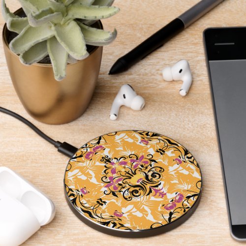 Orange Gothic Floral Art Hollow Life Wireless Charger
