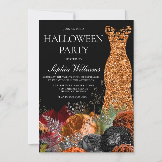 Orange Gown & Floral Fall Halloween Party Invitation (Front)