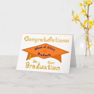 Orange Grad Cap Gold Blue Graduate Class 2024 Hat Card