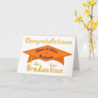 Orange Grad Cap Gold Blue Graduate Class 2024 Hat Card