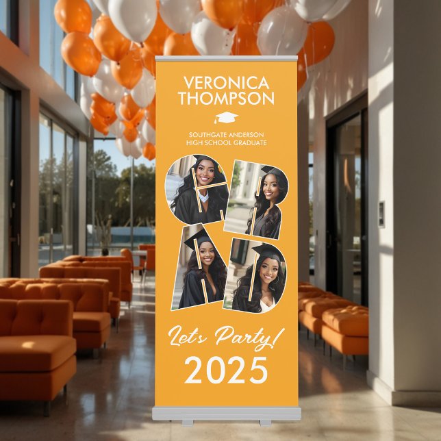 Orange GRAD Photo Collage Graduation Party Retractable Banner (Orange Graduation Retractable Banner with Photos)