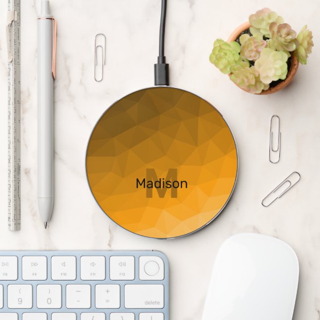 Orange gradient geometric mesh pattern Monogram Wireless Charger (Desk)