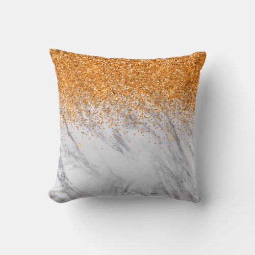 Orange  Gradient Ombre Glitter Grey Marble Throw Pillow