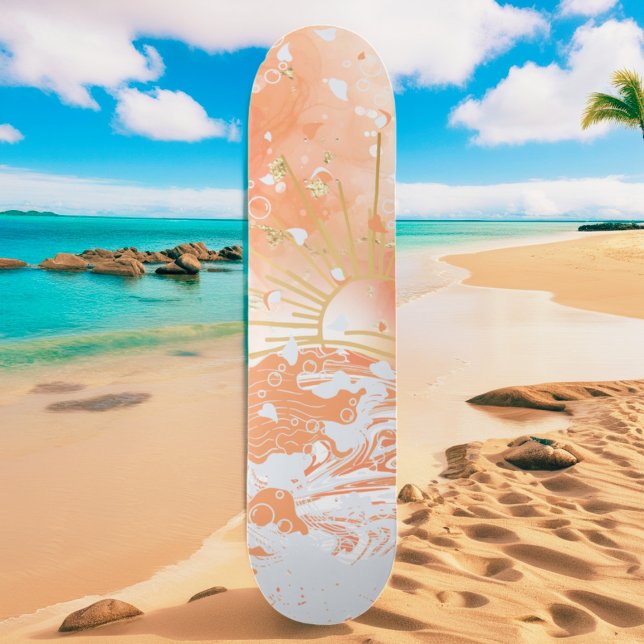 Orange Gradient Sunset Sun & Sea Sparkly Glitter Skateboard (Creator Uploaded)