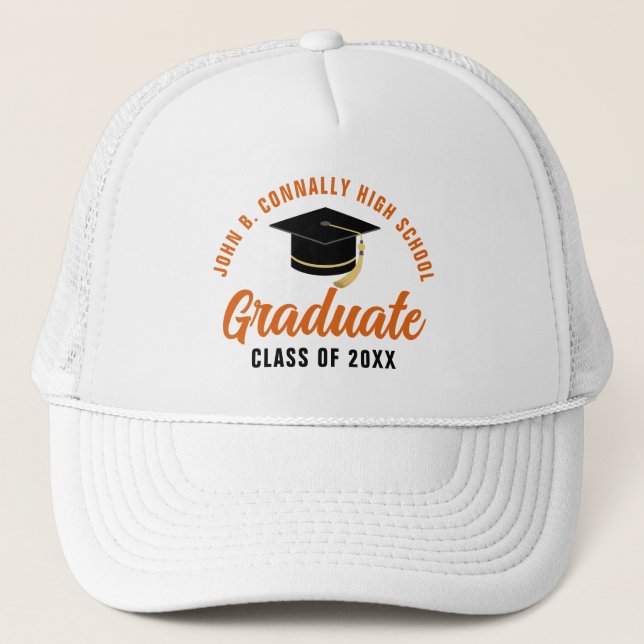 Orange Graduate Customizable Graduation Trucker Hat (Front)