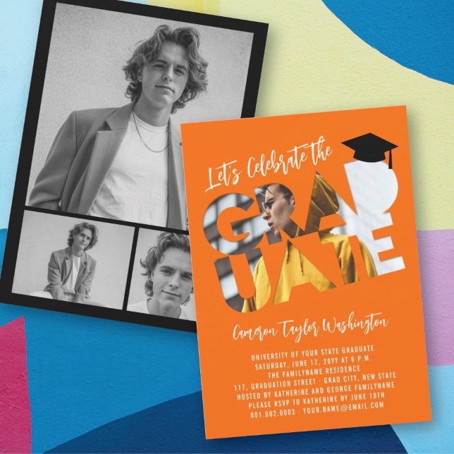 Orange Graduate Cutout Photo Cool Graduation Party Invitation (Creator Uploaded)