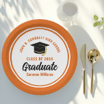 Orange Graduate Personalized 2024 Graduation Party Paper Plates<br><div class="desc">These modern orange and white custom graduation party plates feature classy typography of your university or college name for the class of 2024. Customize with your graduating year next to the chic handwritten script and black grad cap for great personalized congratulations graduate party decor.</div>