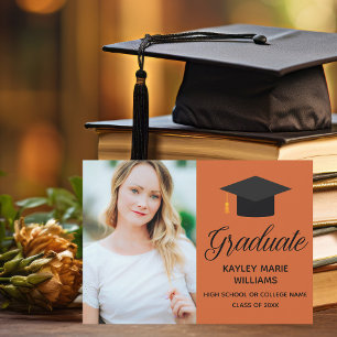 Orange Graduate Photo Black Script Graduation Announcement
