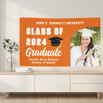 Orange Graduate Photo Bold 2024 Graduation Party Banner by epicdesigns at Zazzle