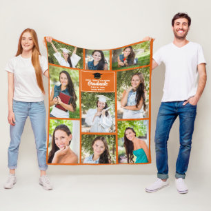 Orange Graduate Photo Collage Custom Graduation Fleece Blanket