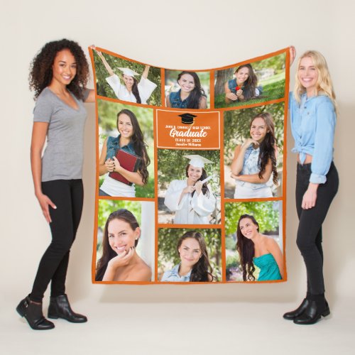 Orange Graduate Photo Collage Custom Graduation Fleece Blanket