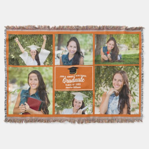 Orange Graduate Photo Collage Custom Graduation Throw Blanket