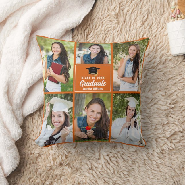 Orange Graduate Photo Collage Custom Graduation Throw Pillow (Blanket)