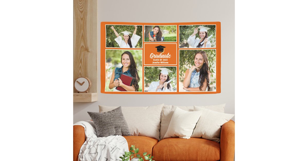 Orange Graduate Photo Collage Graduation Party Banner | Zazzle