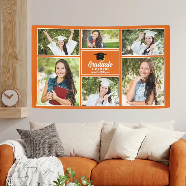 Orange Graduate Photo Collage Graduation Party Banner | Zazzle