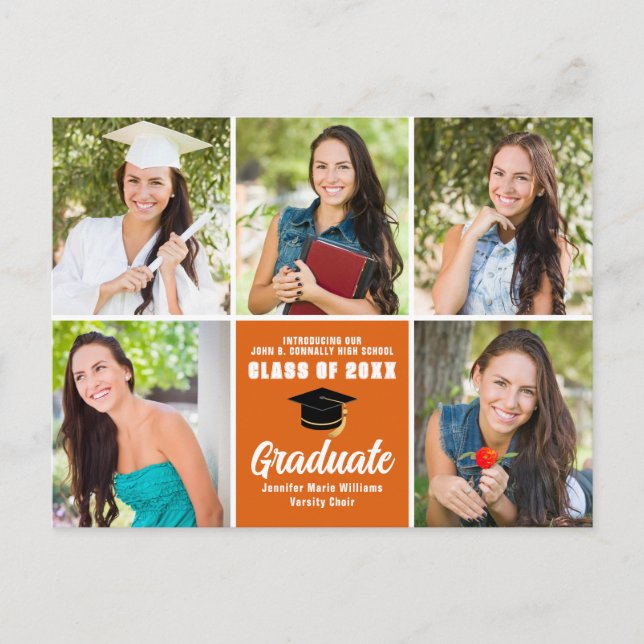 Orange Graduate Photo Collage Modern Graduation Postcard (Front)