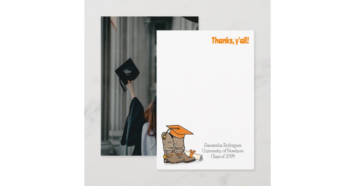 Orange Graduation Cap and Cowboy Boot Thank You Card | Zazzle