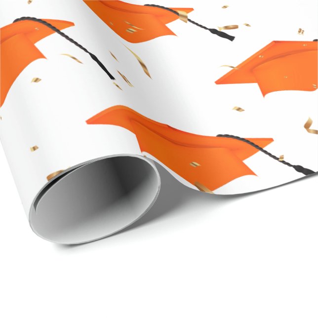 Orange Graduation Caps and Gold Confetti   Wrapping Paper (Roll Corner)