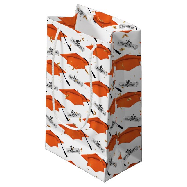 Orange Graduation Caps with Diplomas Small Gift Bag (Front Angled)