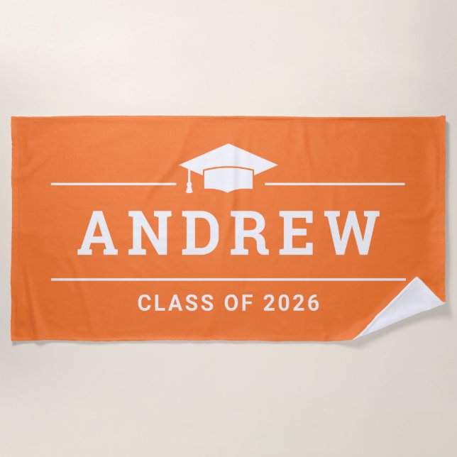 Orange Graduation Party Personalized Name Beach Towel (Front)