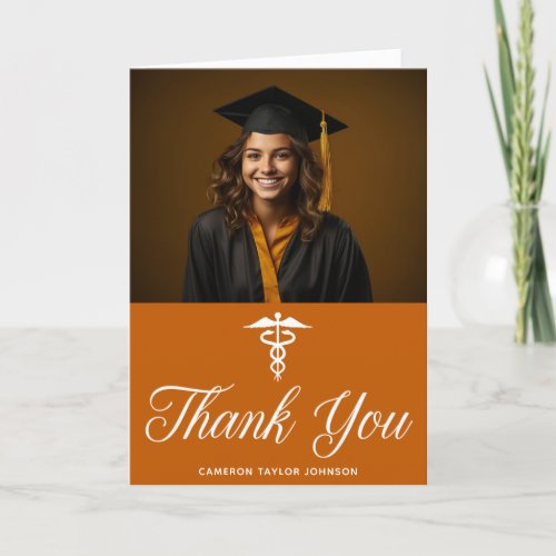 Orange Graduation Photo Medical School Doctor Thank You Card
