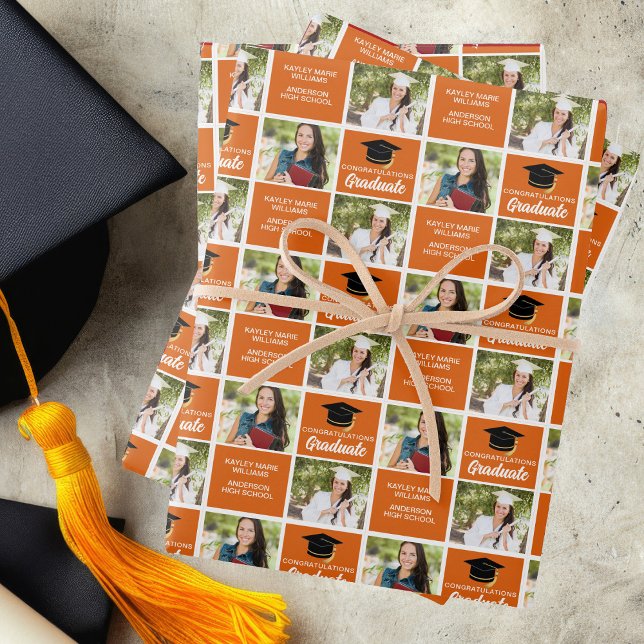 Orange Graduation Photo Personalized Graduate Wrapping Paper Sheets (Creator Uploaded)