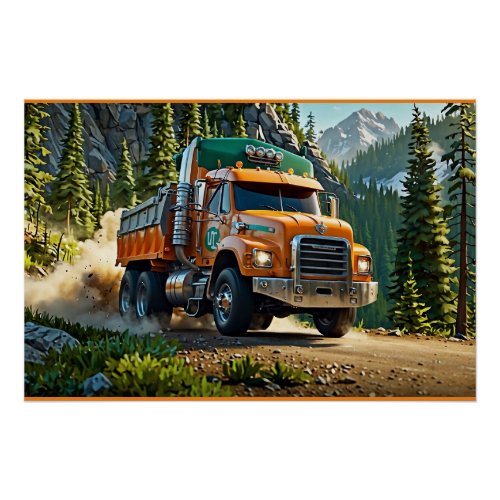 Orange Gravel Truck in the Mountains Poster