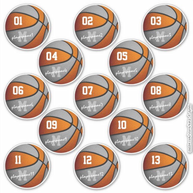 orange gray basketball 13 team members names sticker (Front)