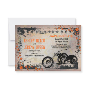 Orange Gray Biker Motorcycle Wedding Save the Date