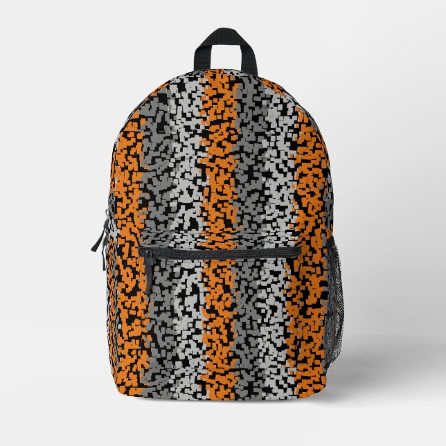 Orange gray black digital pixelated stripes printed backpack (Front)