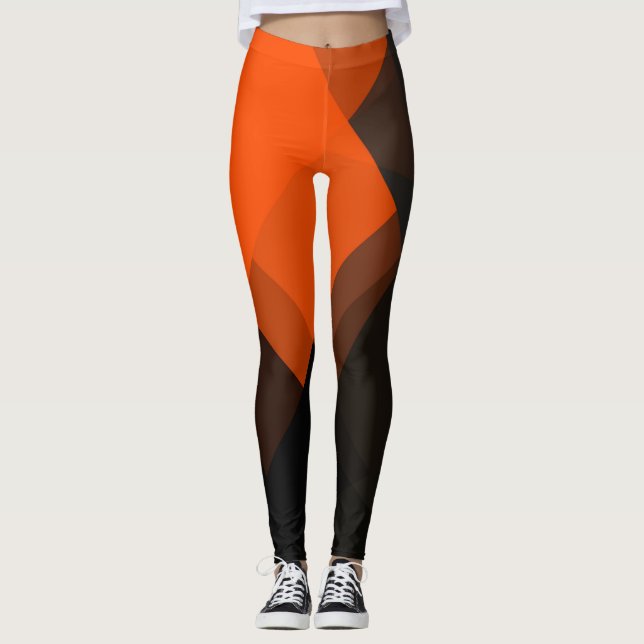 Orange Gray Black Modern Geometric Pattern Leggings (Front)