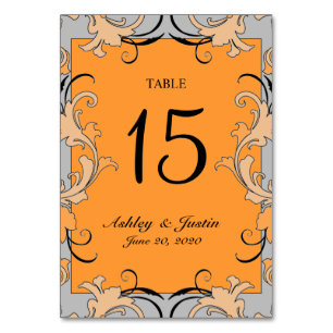 Orange Gray Black Swirls Wedding Table Number Card