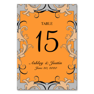 Orange Gray Black Swirls Wedding Table Number Card