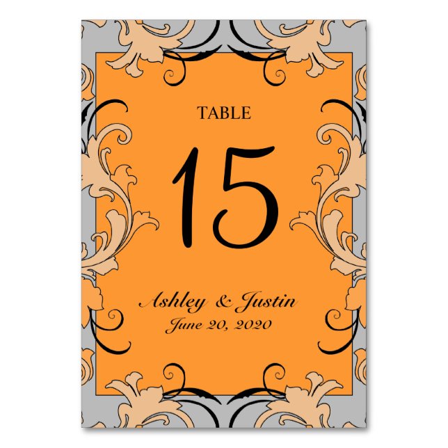 Orange Gray Black Swirls Wedding Table Number Card (Front)