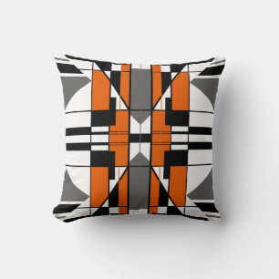 Orange Gray Black Symmetrical Tile-like Design Throw Pillow