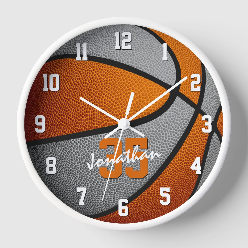 orange gray boys girls basketball personalized round clock